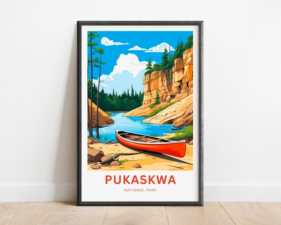 Pukaskwa National Park Red Canoe River Cliffs Scene Travel Poster