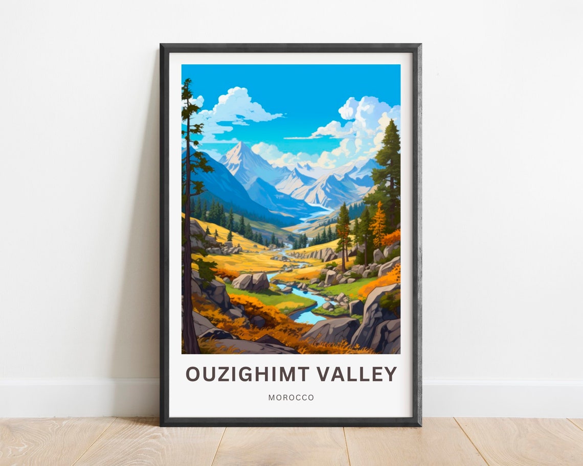 Ouzighimt Valley Morocco Alpine Valley Snow Peaks River Travel Poster