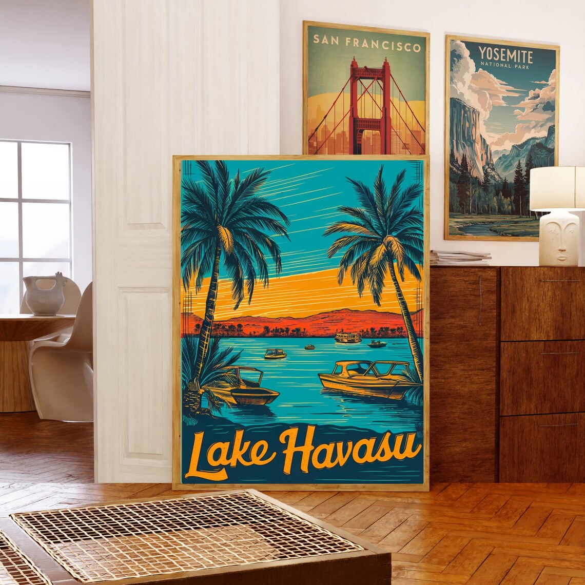 Lake Havasu Sunset Boats Palm Trees Desert Lake Travel Poster - Image 5