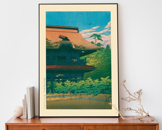 Japanese Temple Gate Woodblock Style Vintage Architecture Poster