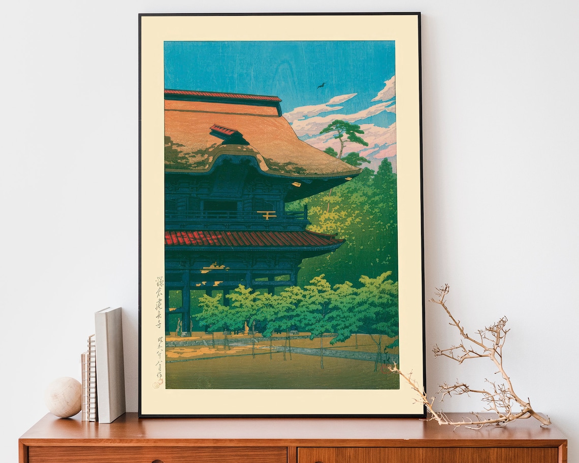 Japanese Temple Gate Woodblock Style Vintage Architecture Poster