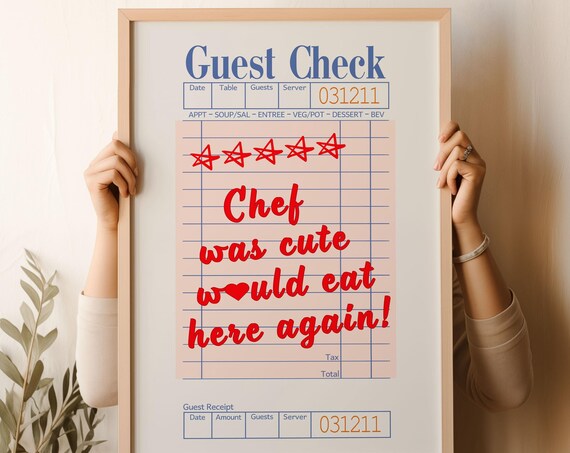 Guest Check Print Trendy Wall Art Chef Was Cute Would Eat Here Again Red Heart Modern Kitchen Wall Art Dining Room Poster