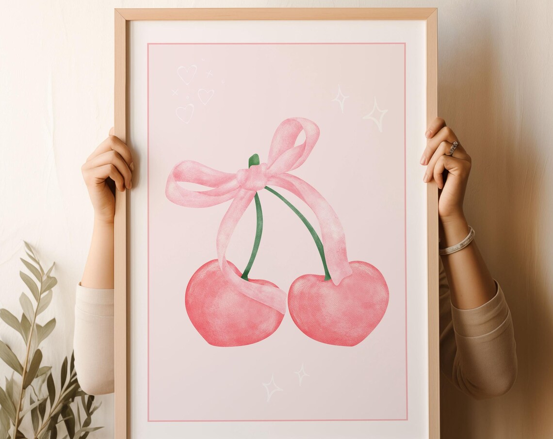 Pink Watercolor Cherries With Bow Coquette Girly Trendy Art Poster - Image 2
