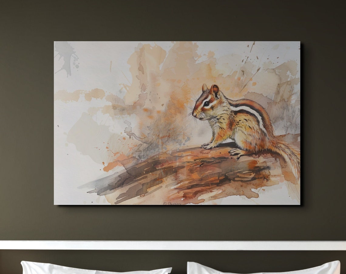 Watercolor Chipmunk on Log Autumn Woodland Animal Art Poster