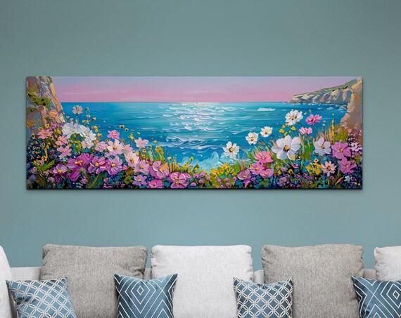 Wildflowers on Coastal Cliffs Overlooking a Turquoise Ocean Panoramic Poster