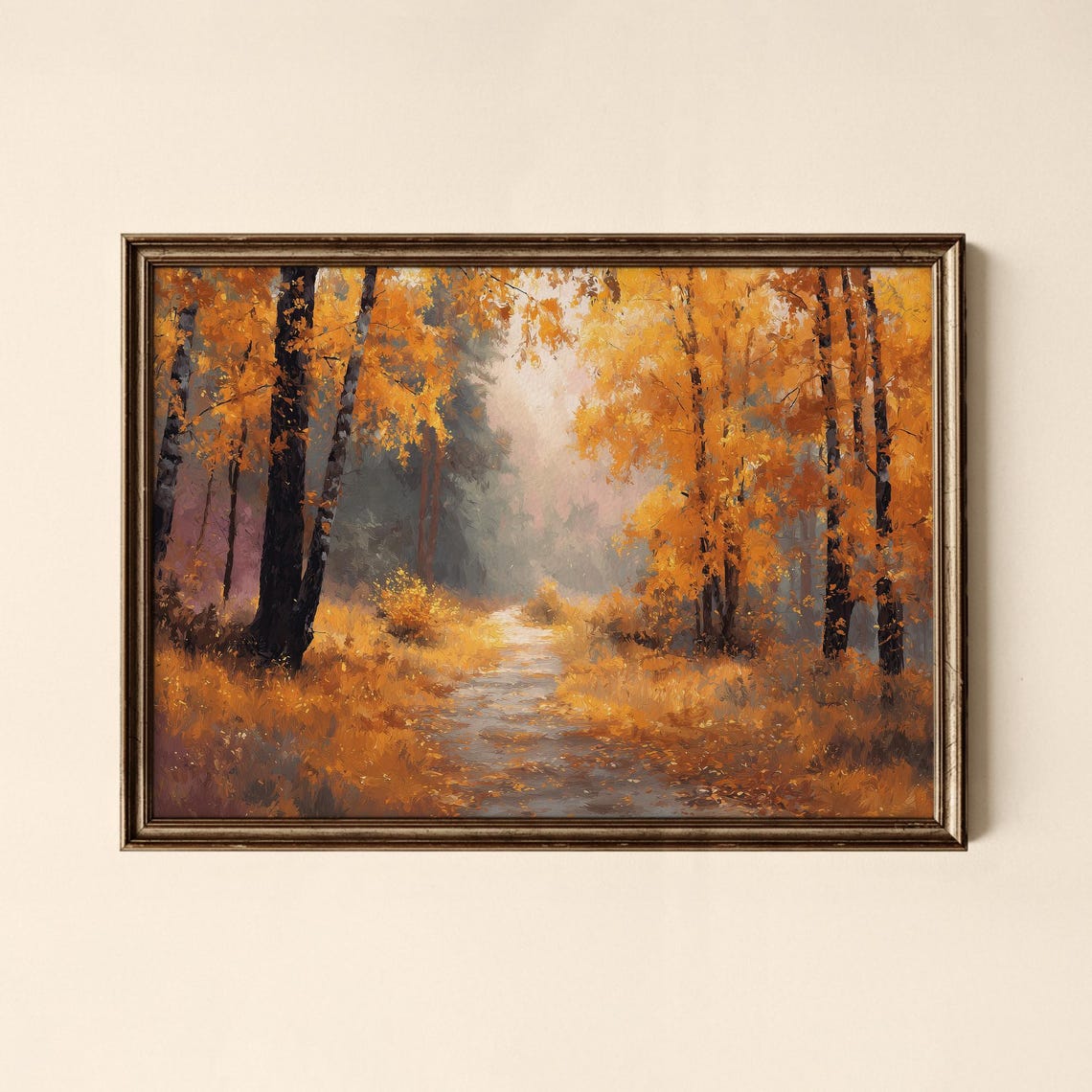 Golden Autumn Birch Forest Path Art Poster Textured Fall Woods