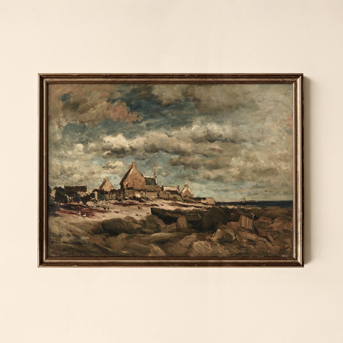 Moody Vintage Coastal Village Painting Rocky Shore Art Print