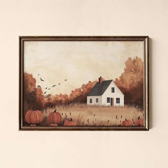 Thanksgiving Farmhouse Fall Poster White Cottage Pumpkin Field Art