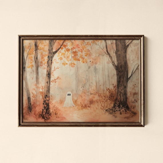 Cute Ghost Autumn Forest Watercolor Whimsical Halloween Poster