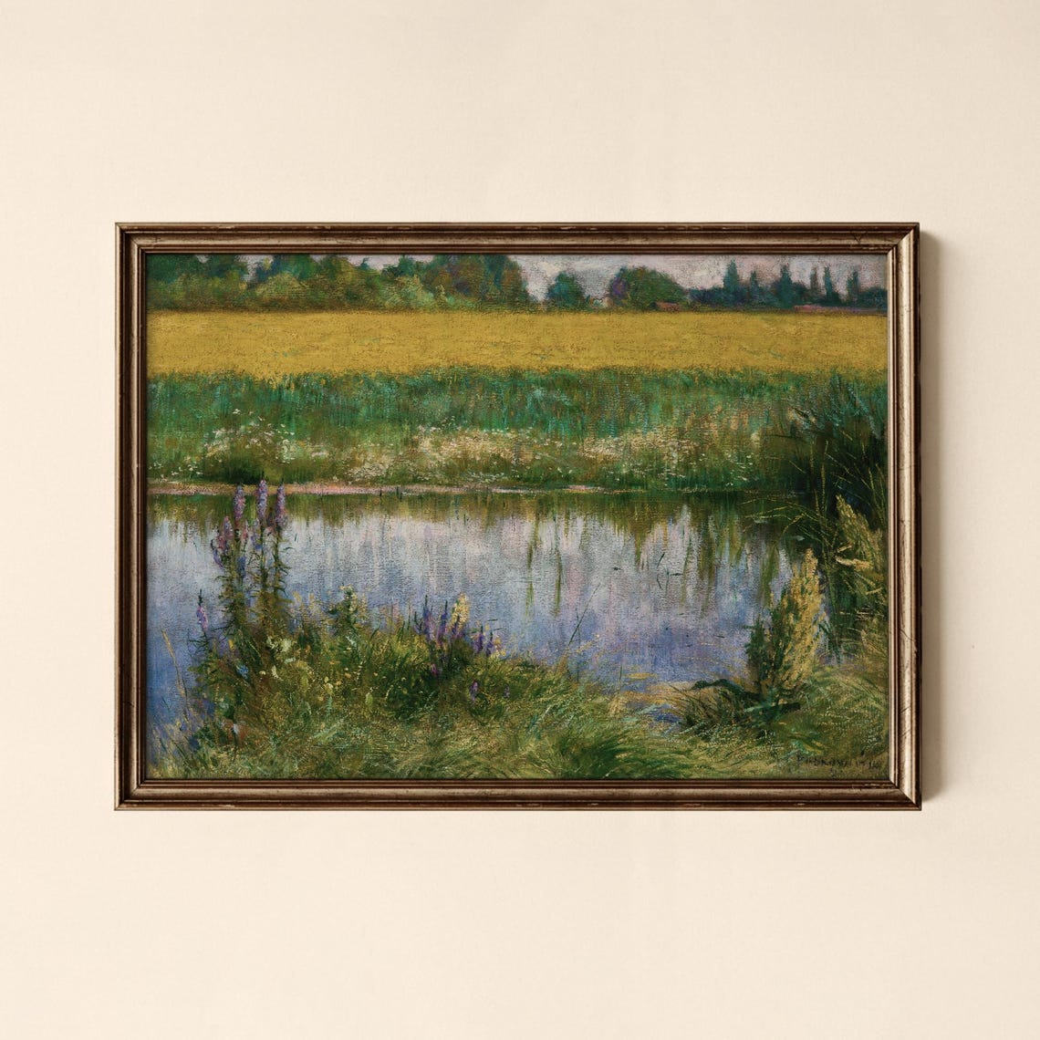 Vintage Muted Green Pond Wildflowers Impressionist Art Print