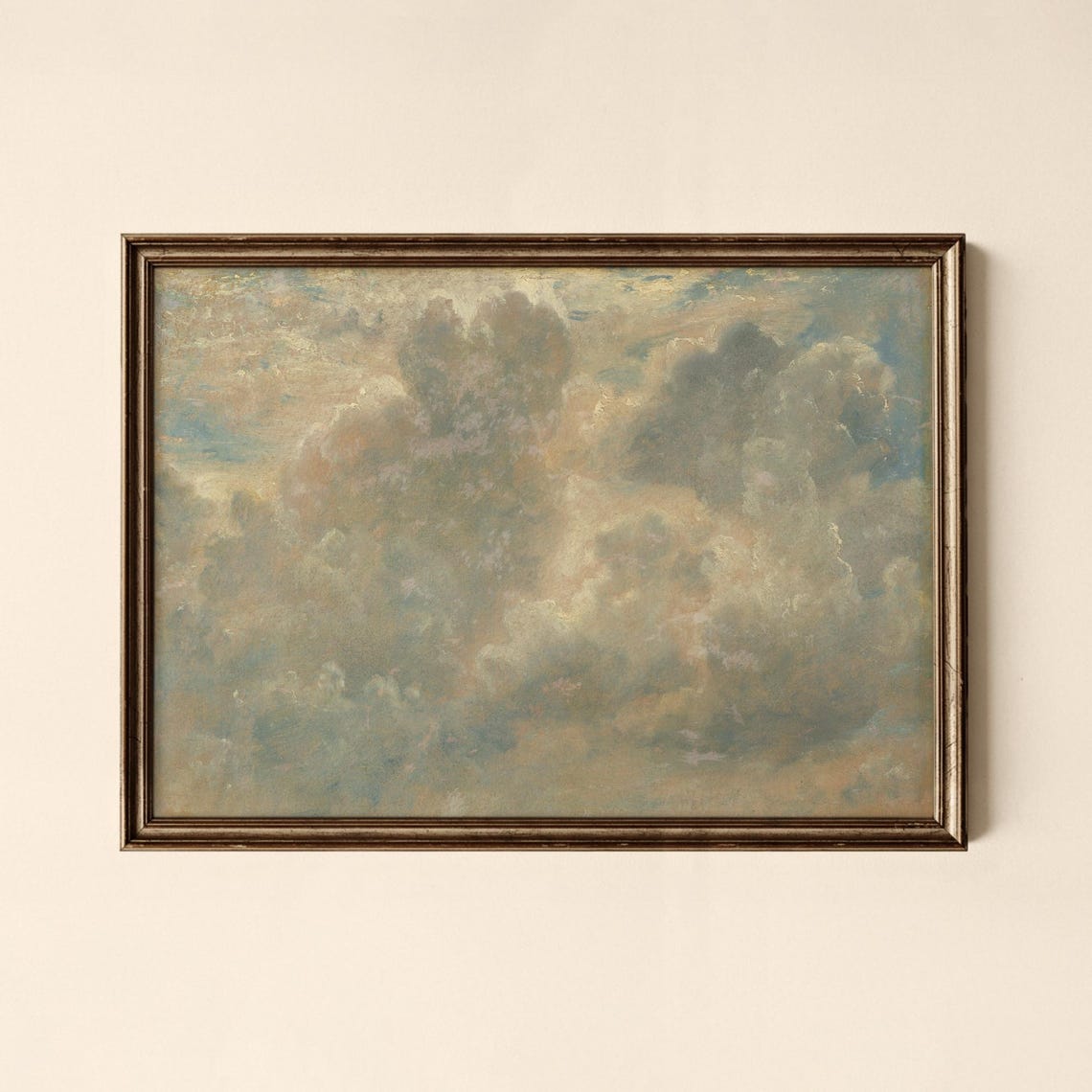 Vintage Soft Neutral Cloudscape Serene Sky Antique Oil Painting Print