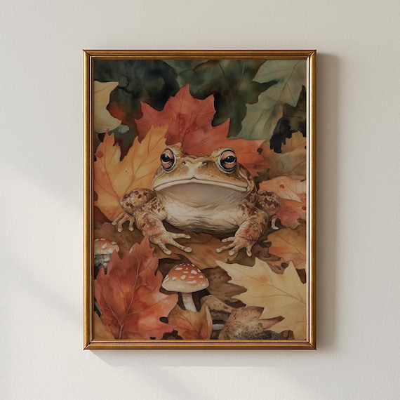 Autumn Toad with Mushrooms and Maple Leaves Watercolor Poster