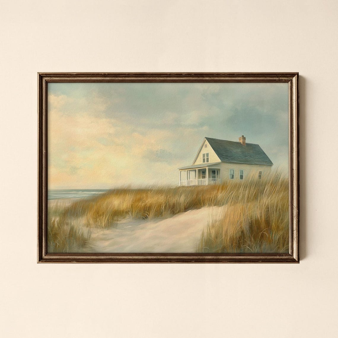 White Beach House Among Dunes Sea Grass Coastal Summer Print