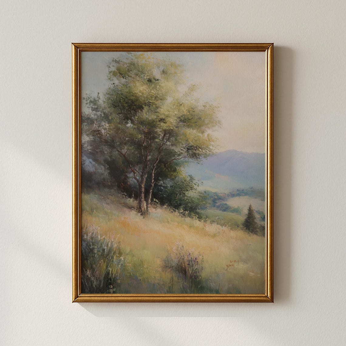 Golden Meadow Field with Tree Vintage Impressionist Landscape Poster
