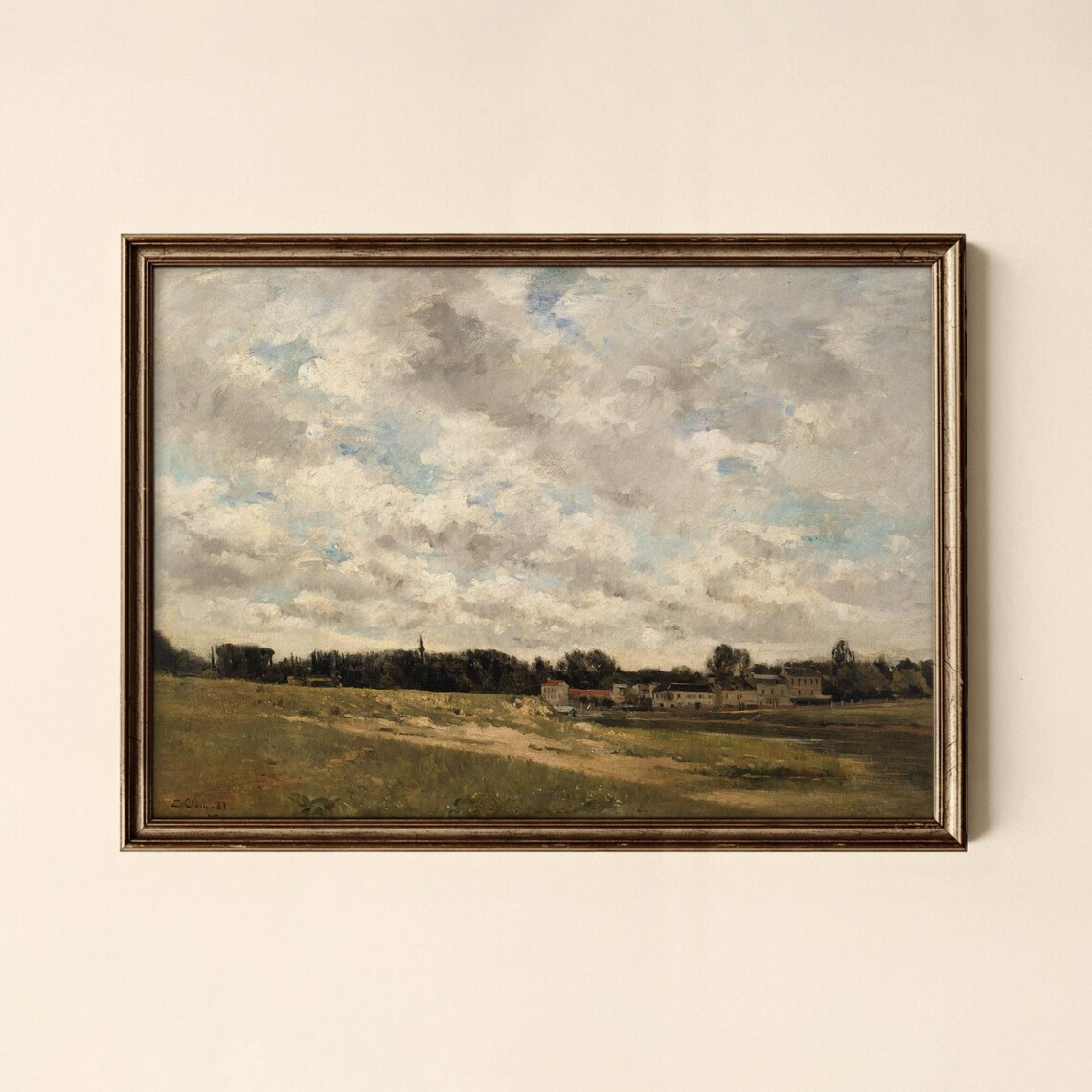 Vintage Rural Village Landscape Cloudy Sky Impressionist Countryside Poster