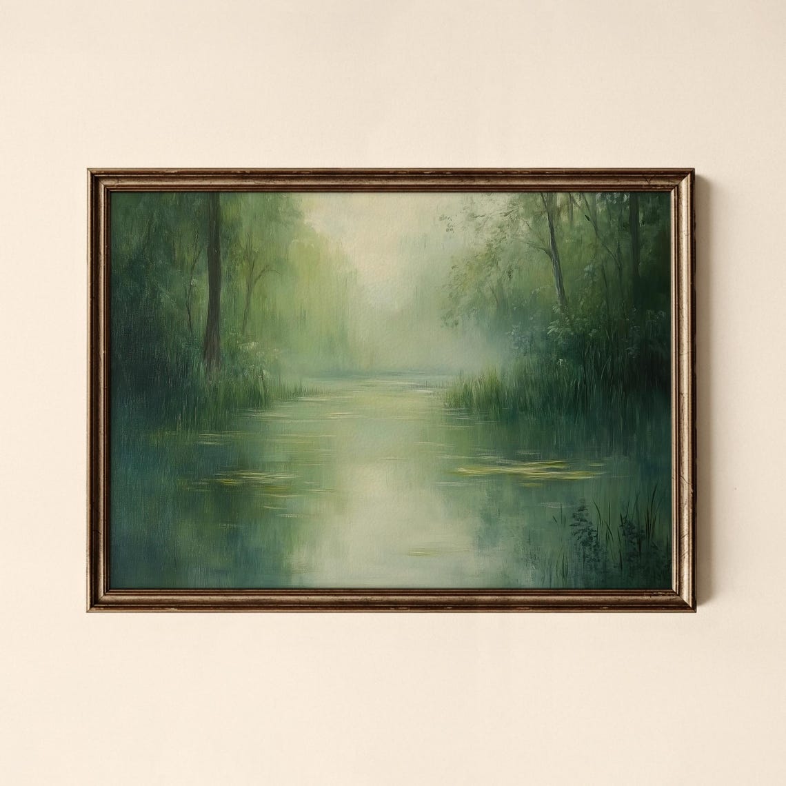 Misty Green River Wetland Impressionist Landscape Painting Art Poster