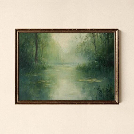 Misty Green River Wetland Impressionist Landscape Painting Art Poster