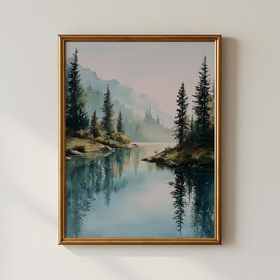 Misty Pine Forest Lake Reflections Watercolor Landscape Print