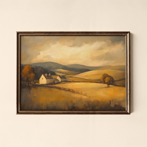 Golden Autumn Countryside Cottages Rolling Hills Vintage Landscape Print