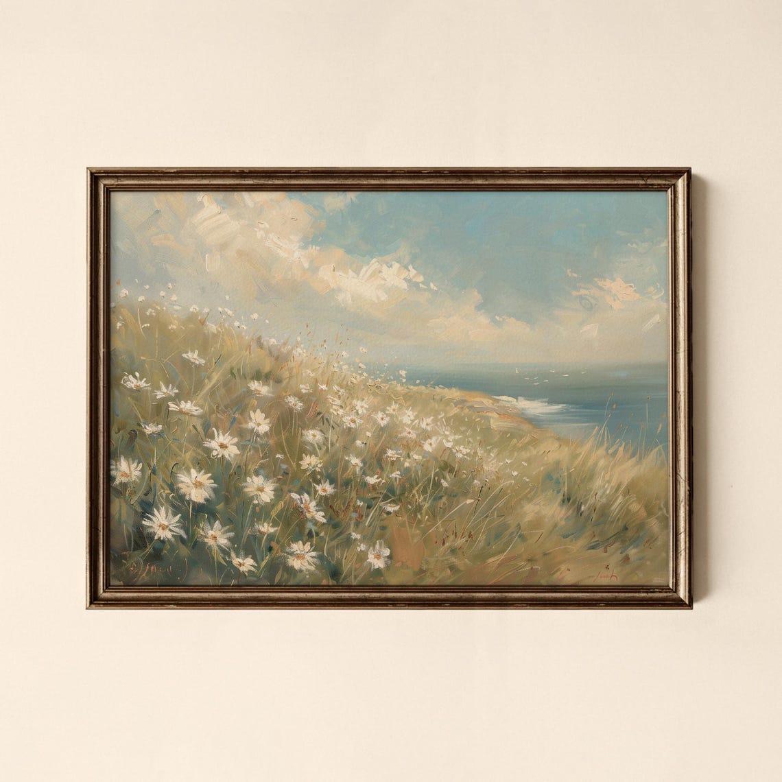 Coastal Wildflower Meadow with Daisies by the Sea Vintage Art Print