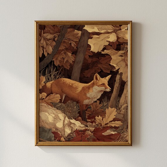 Red Fox Autumn Forest Vintage Illustration Wildlife Nature Poster