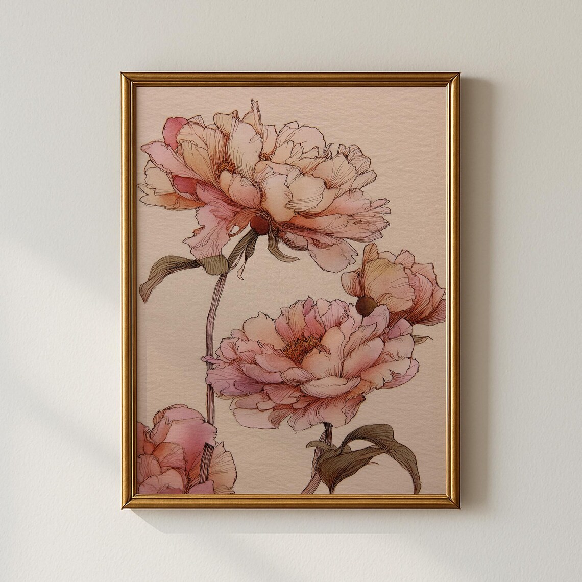 Vintage Pink Peony Blossoms Botanical Floral Garden Art Poster