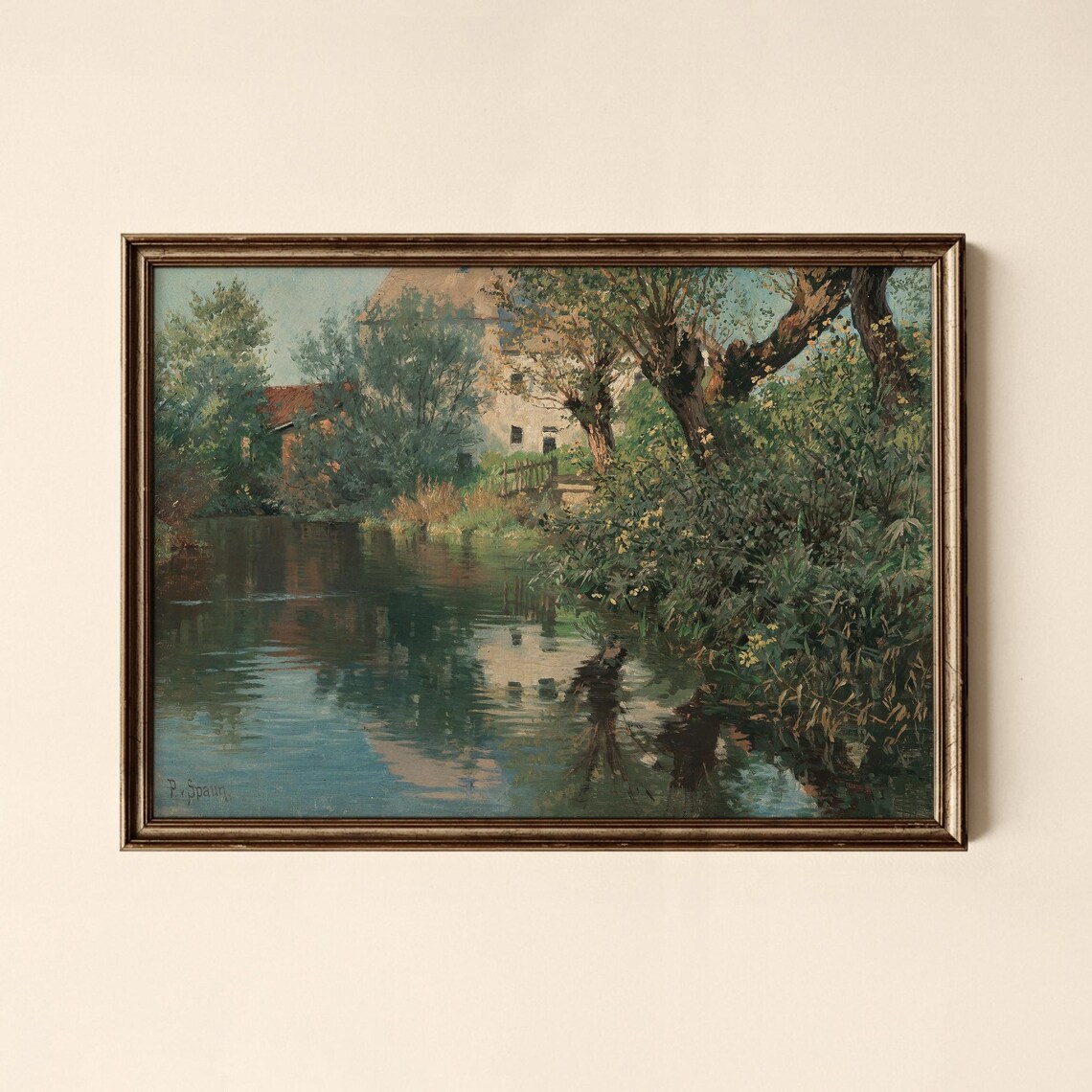 Vintage Riverside Scene With Cottage and Willow Trees Art Print