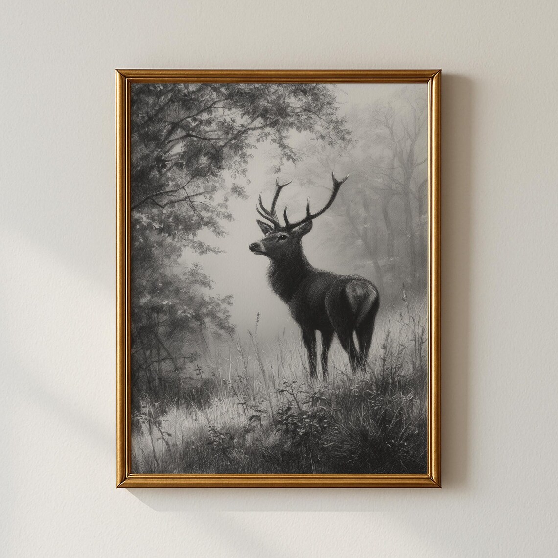 Majestic Stag in Misty Forest Art Poster Monochrome Deer Wildlife