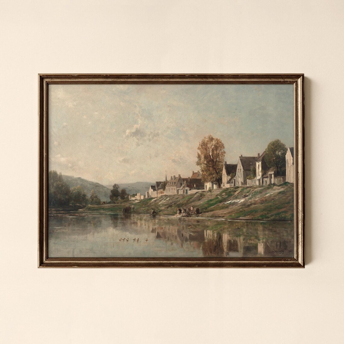 Vintage Riverside Village River Painting Impressionist Art Poster