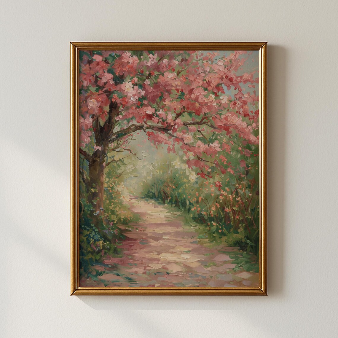 Pink Blossom Garden Path Impressionist Spring Floral Landscape Print