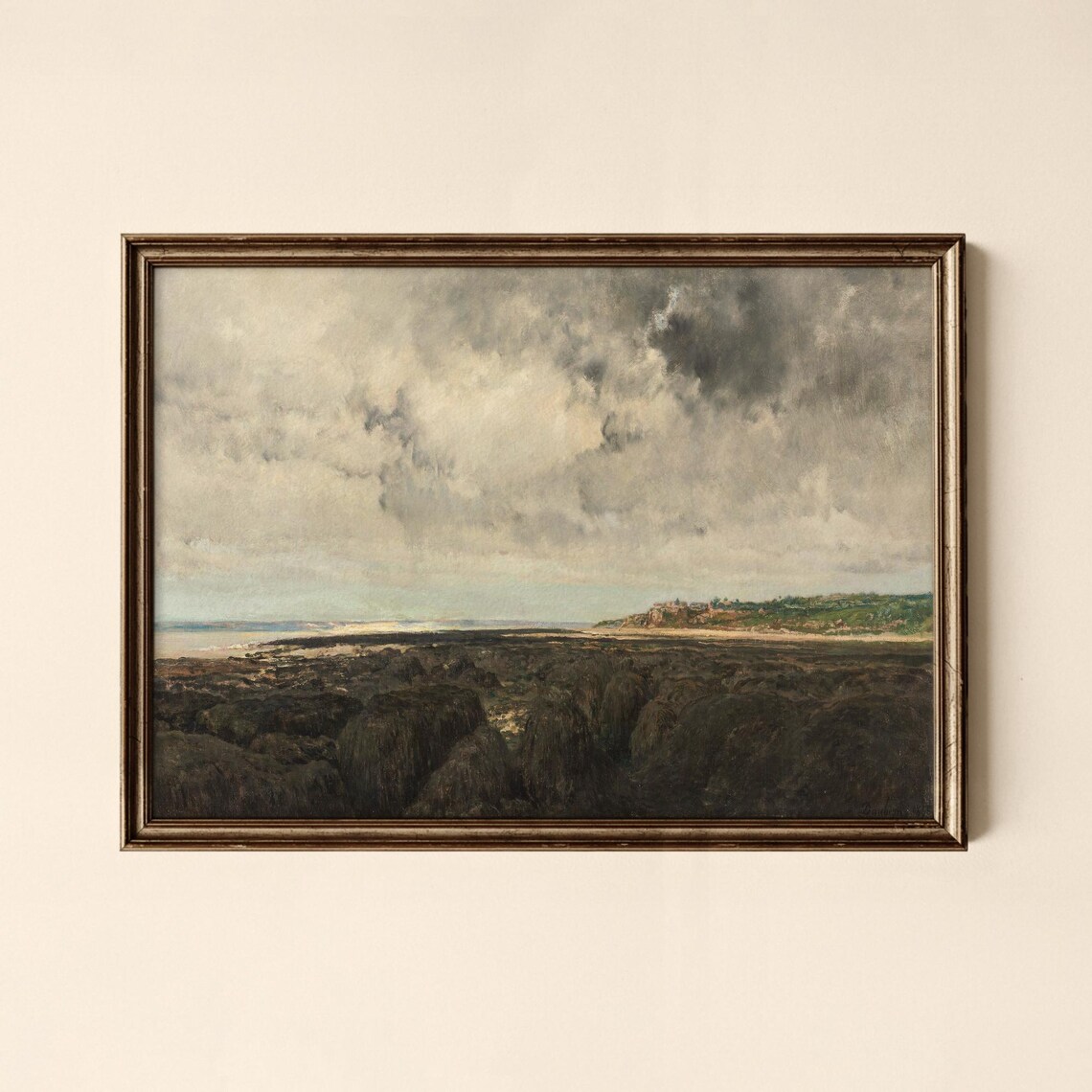 Vintage Rocky Coastline Oil Painting Moody Cloudy Seascape Wall Art