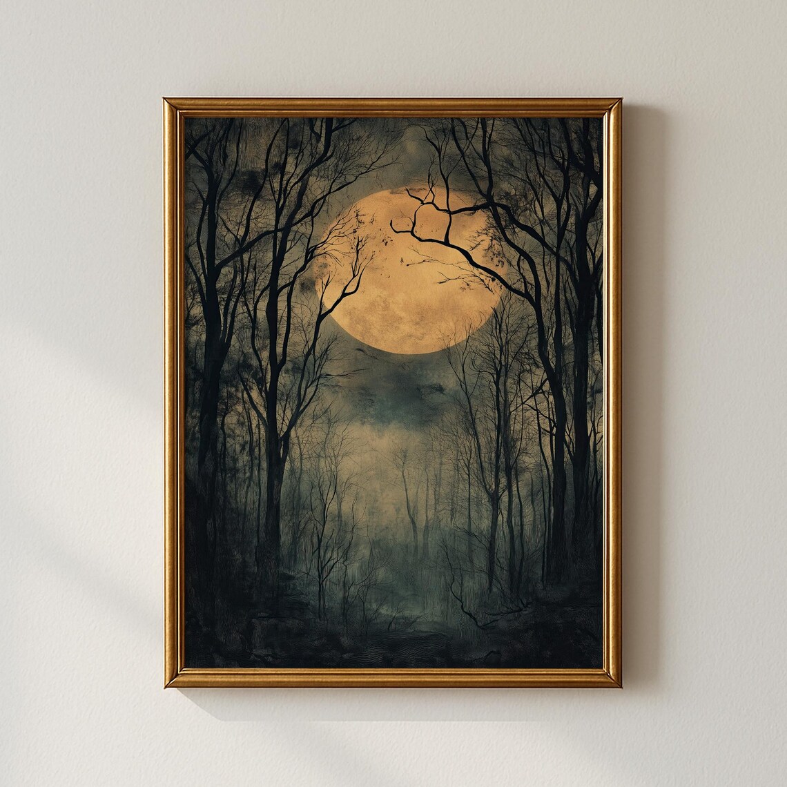 Golden Full Moon Rising Over Dark Forest in a Moody Night Sky Print