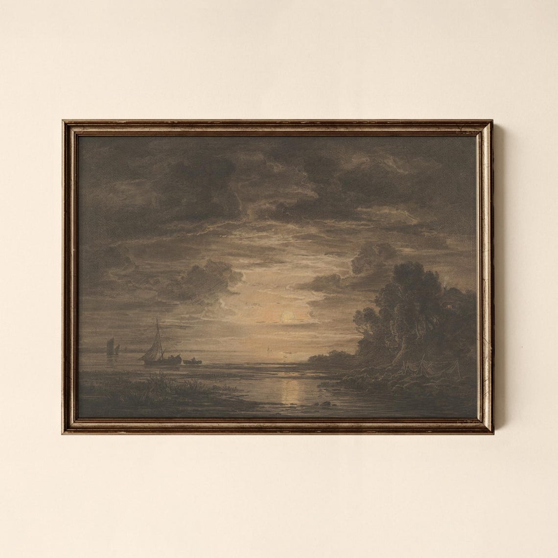 Vintage Moody Sunset Over the Sea With Sailboats Oil Painting Print