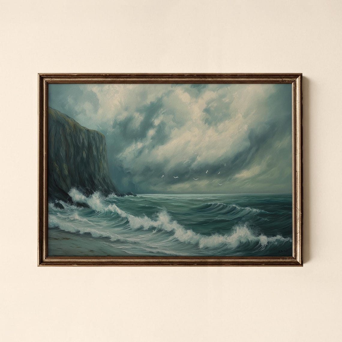 Stormy Dark Cliffs Ocean Waves Seagulls Dramatic Seascape Art Poster