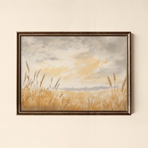Golden Wheat Field Sunset Watercolor Rustic Farmhouse Art Poster