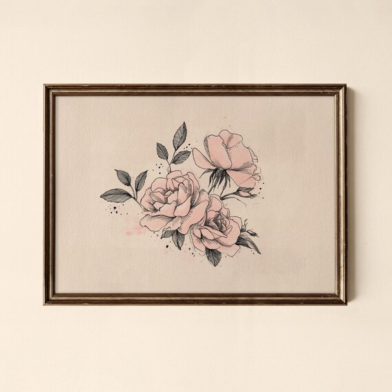 Vintage Rose Botanical Print Blush Pink Floral Sketch Artwork