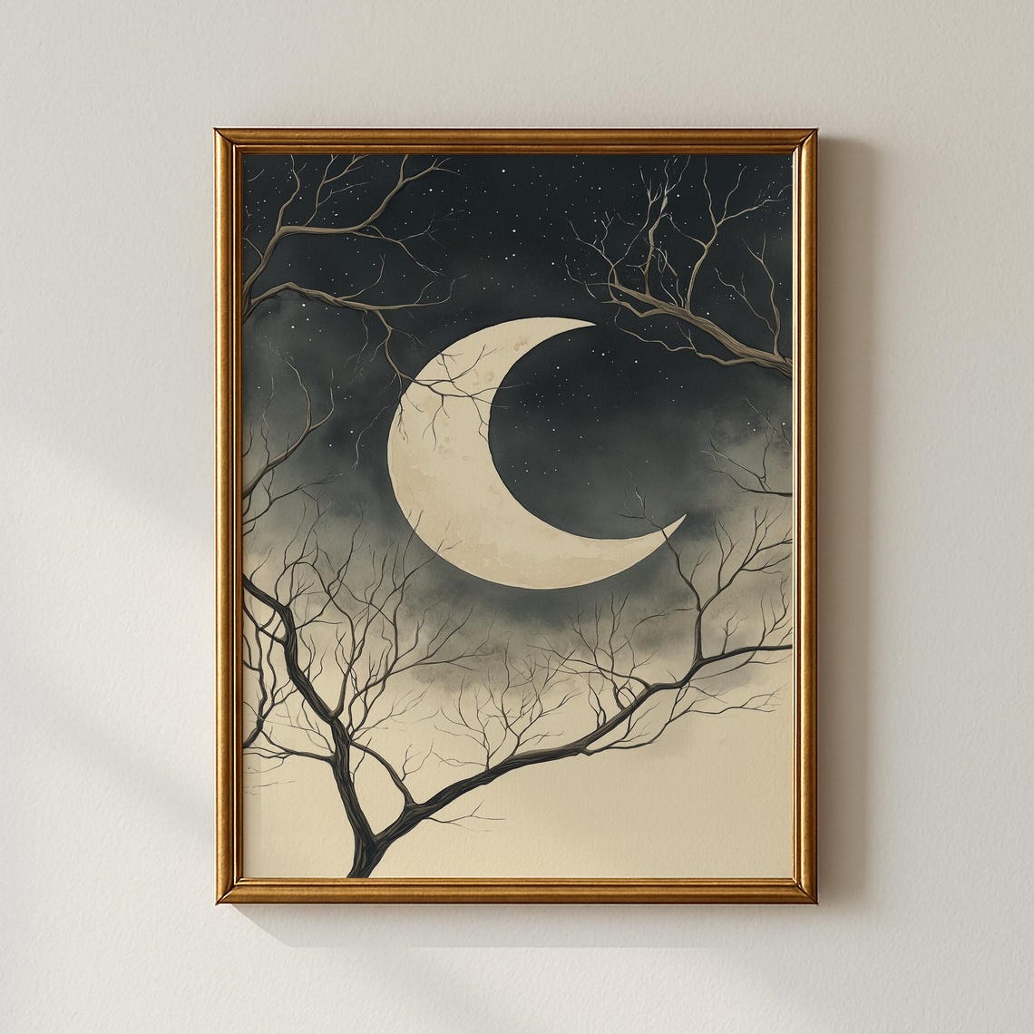 Crescent Moon and Bare Branches Starry Night Sky Watercolor Poster