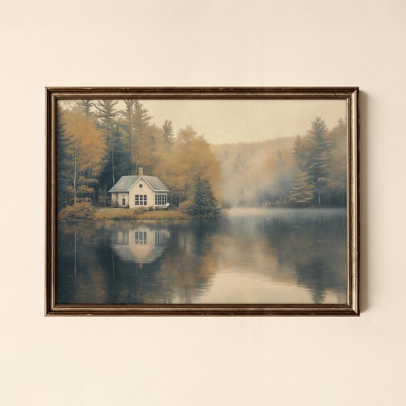 Autumn Lake Cottage Misty Reflection Fall Landscape Painting Poster