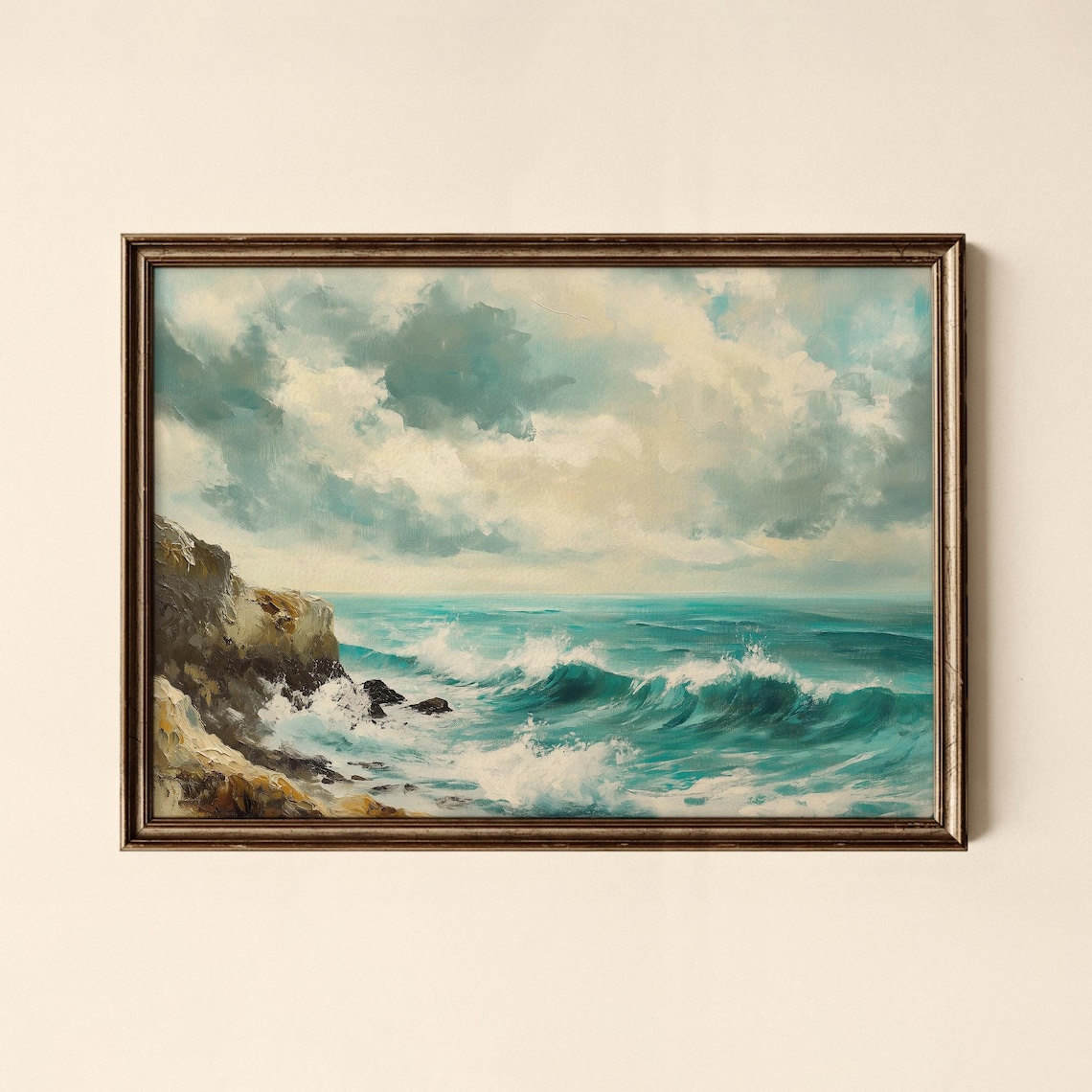 Turquoise Ocean Waves and Rocky Cliffs Coastal Seascape Oil Print
