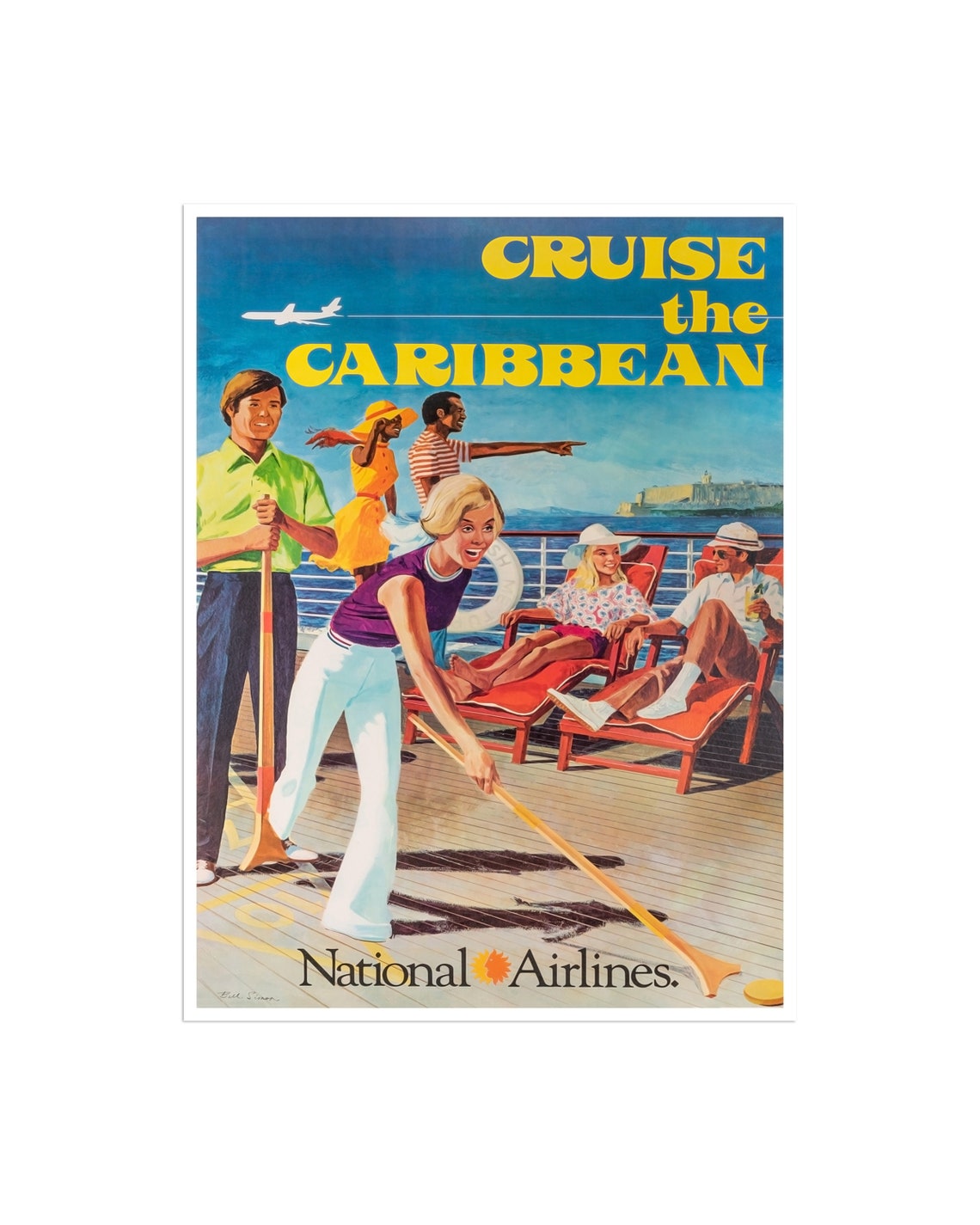 Cruise the Caribbean National Airlines Ship Deck Vintage Poster