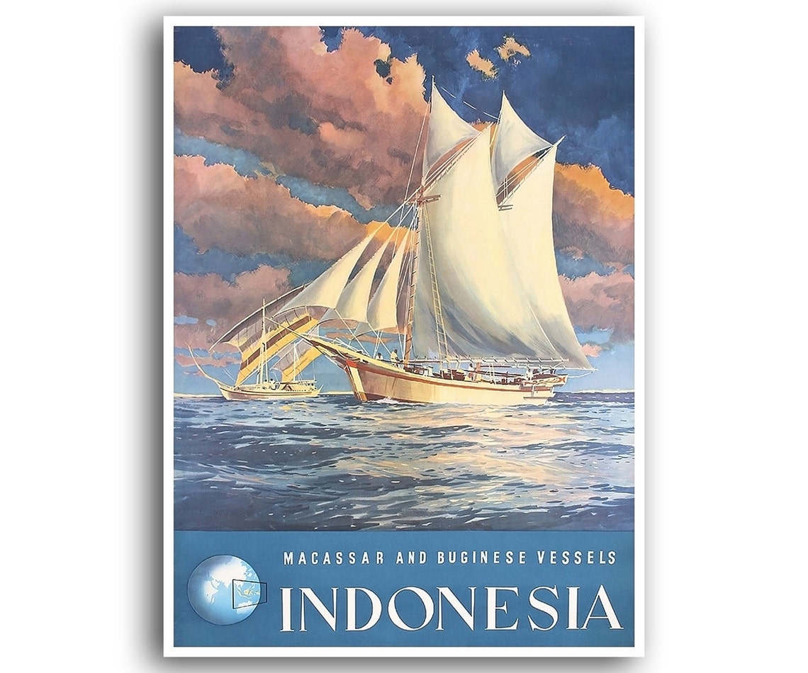 Indonesia Macassar Bugis Sailing Vessels Vintage Travel Poster