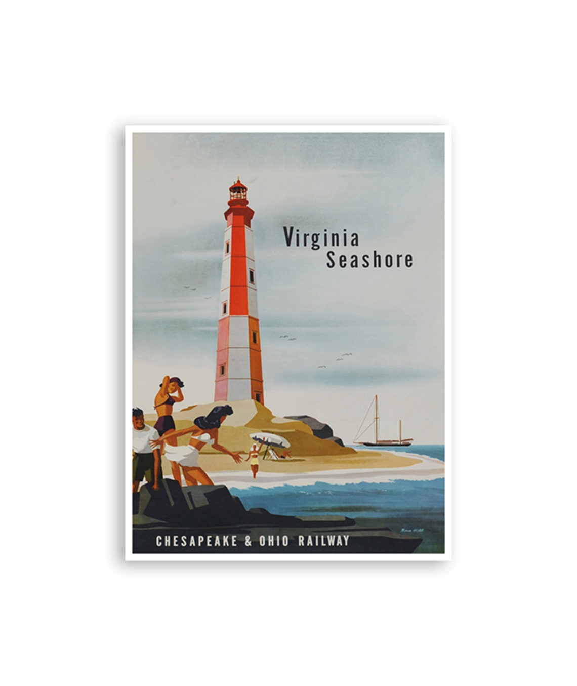 Virginia Seashore Lighthouse Beach Bathers Railway Vintage Poster