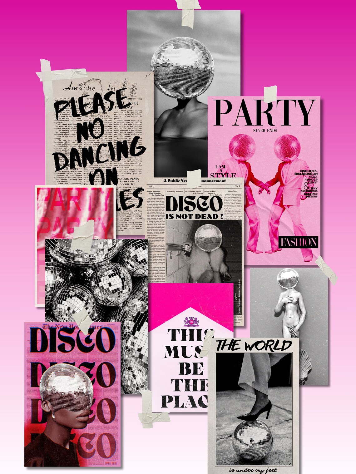 Pink Disco Ball Collage Retro Party Nightlife Y2K Collage Art Poster