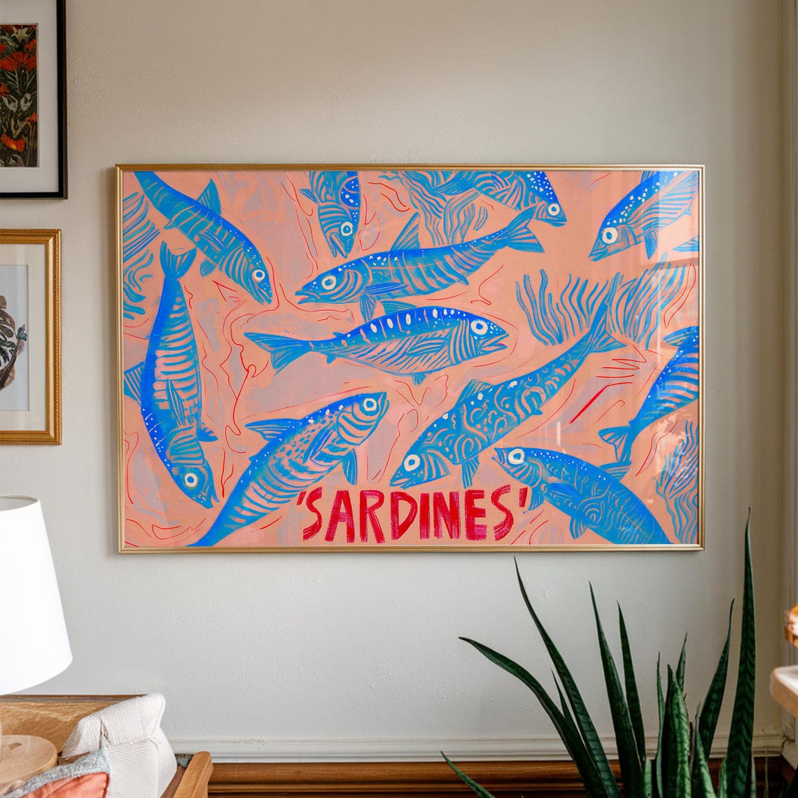 'SARDINES!' Bold Blue Fish School Peach Kitchen Maximalist Art Print