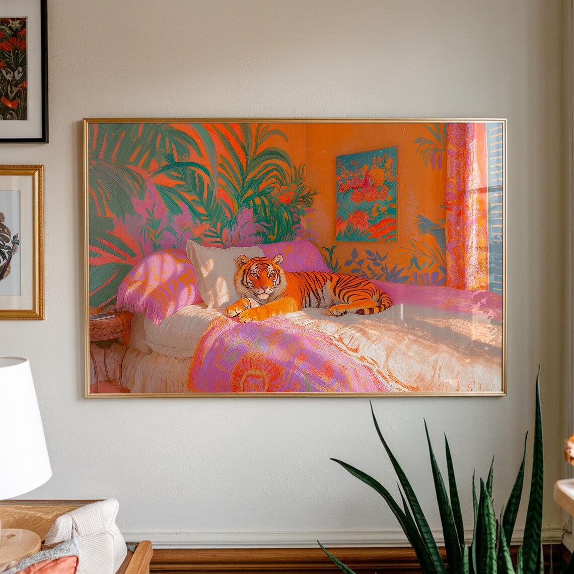 Tiger In Bed Art Print Dopamine Decor Maximalist Preppy Style