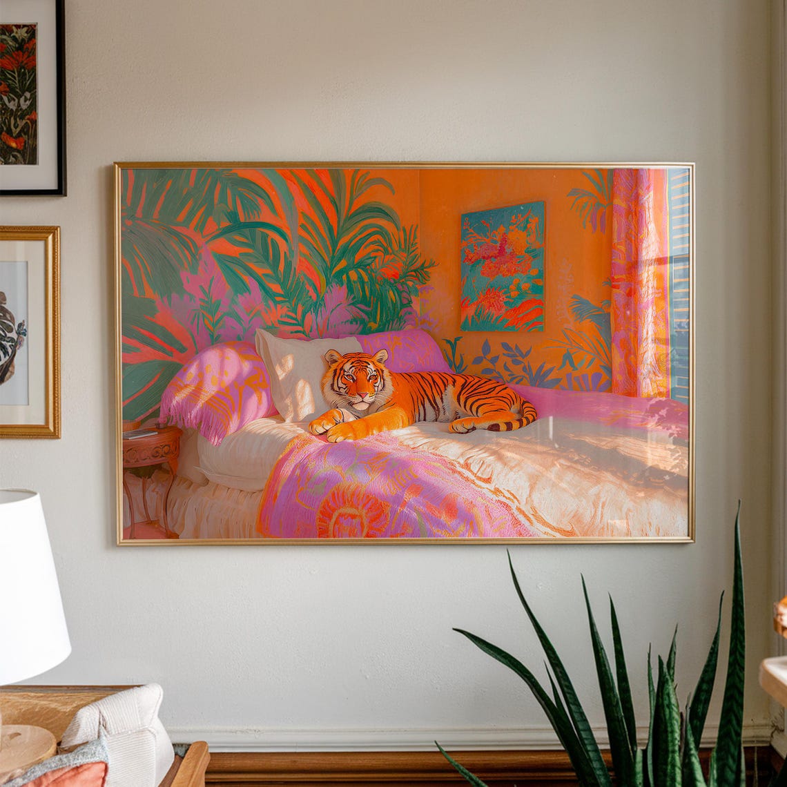 Tiger Lounging On Tropical Bed Funny Maximalist Bedroom Animal Poster