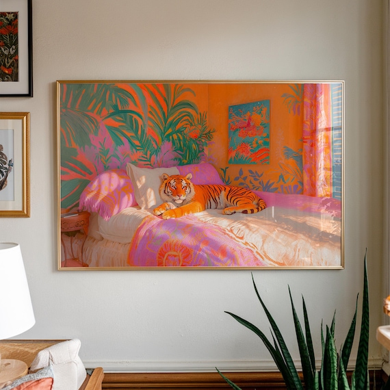 Tiger In Bed Art Print Dopamine Decor Maximalist Preppy Style