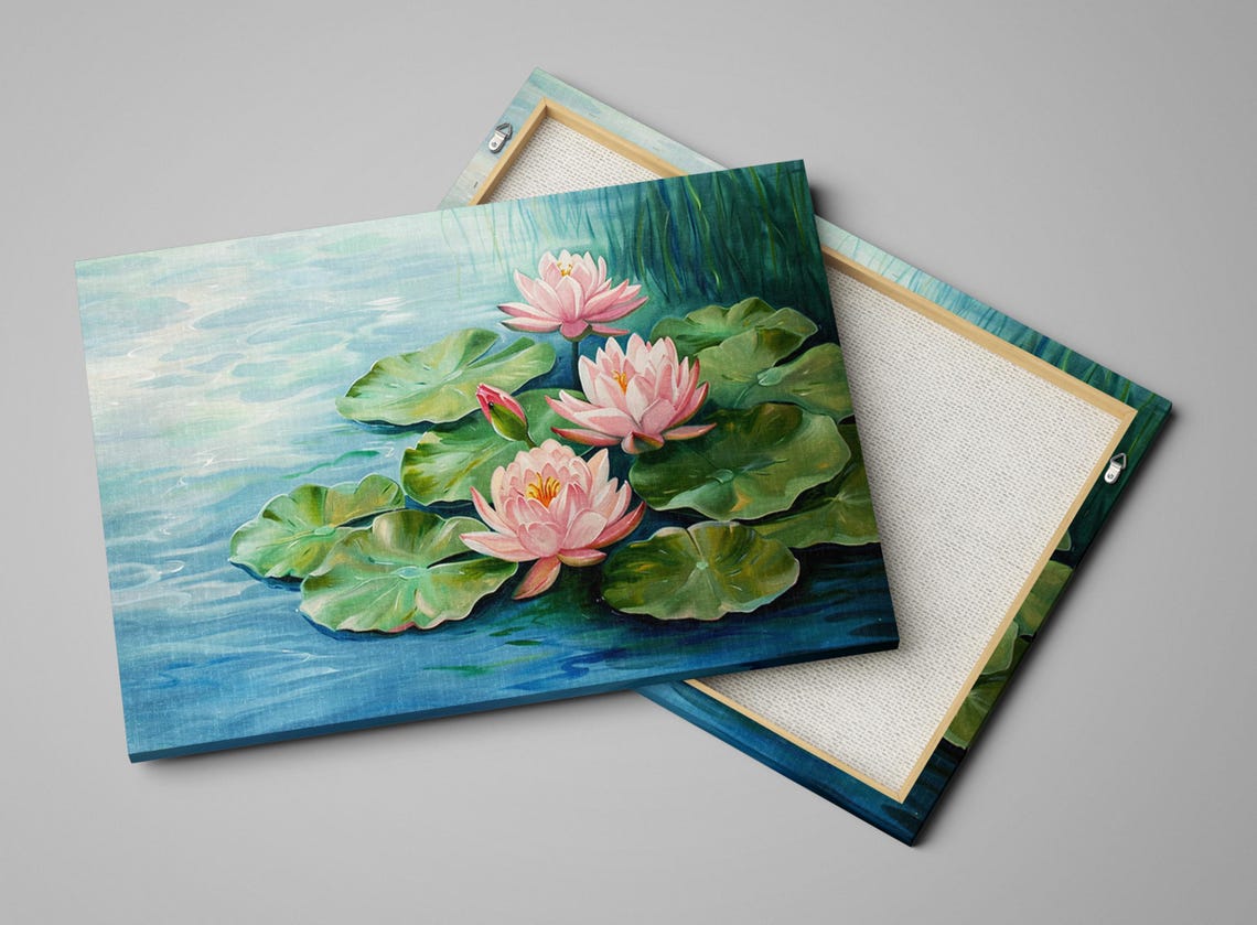 Pastel Pink Water Lilies Soft Lotus Blossoms Blue Pond Floral Print - Image 5
