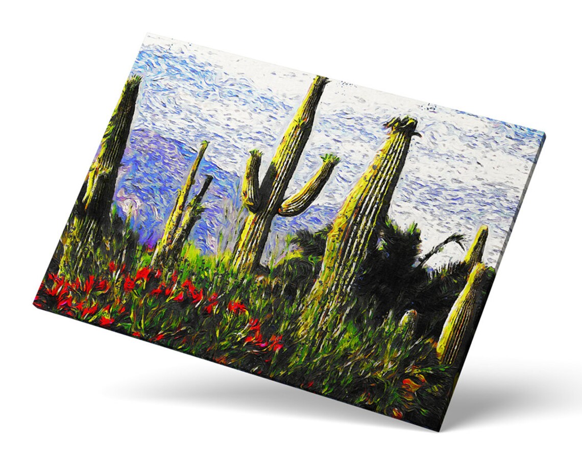 Saguaro Cacti Desert Wildflower Bloom Sunny Day Impressionist Poster