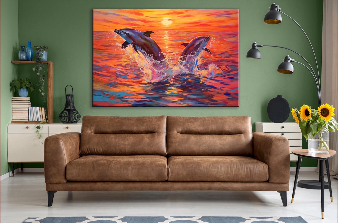Twin Pair of Dolphins Leaping Fiery Orange Sunset Ocean Poster - Image 3